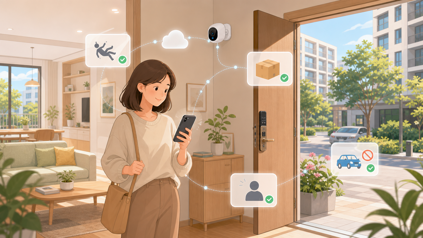 居家攝影機串聯雲端 AI，偵測跌倒、包裹、違停與異常徘徊的情境插畫